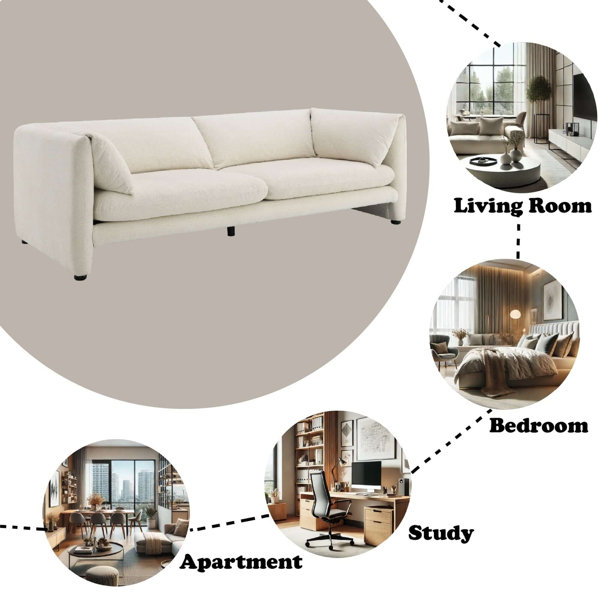 Jaeda Beige Sofa – 89” Modern Linen Sofa (Minimalist 2–3 Seat Couch) in a living room, bedroom, apartment, and study.