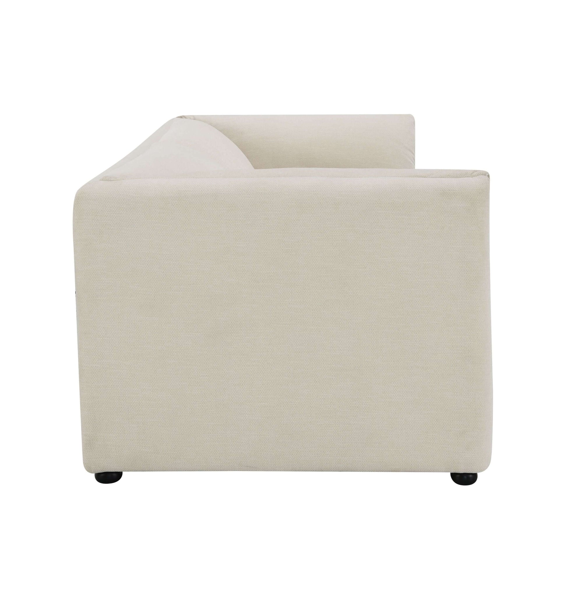 Jaeda Beige Sofa – 89” Modern Linen Sofa (Minimalist 2–3 Seat Couch) side view, showcasing its clean lines and soft linen upholstery.