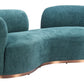 Jamela Teal Curved Sofa featuring plush shearling-style fabric and a modern brass base, perfect for cozy living spaces.