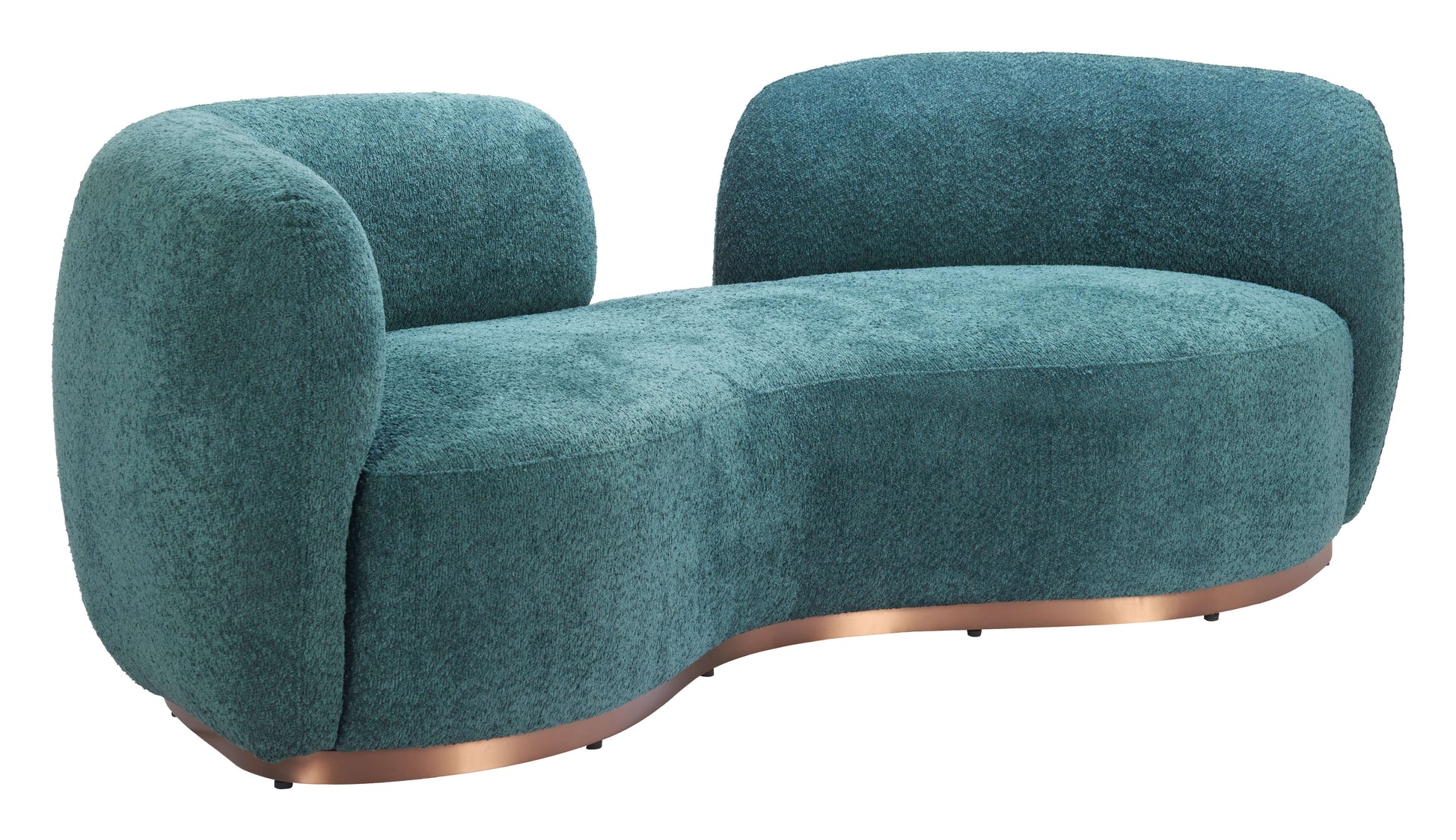 Jamela Teal Curved Sofa featuring plush shearling-style fabric and a modern brass base, perfect for cozy living spaces.