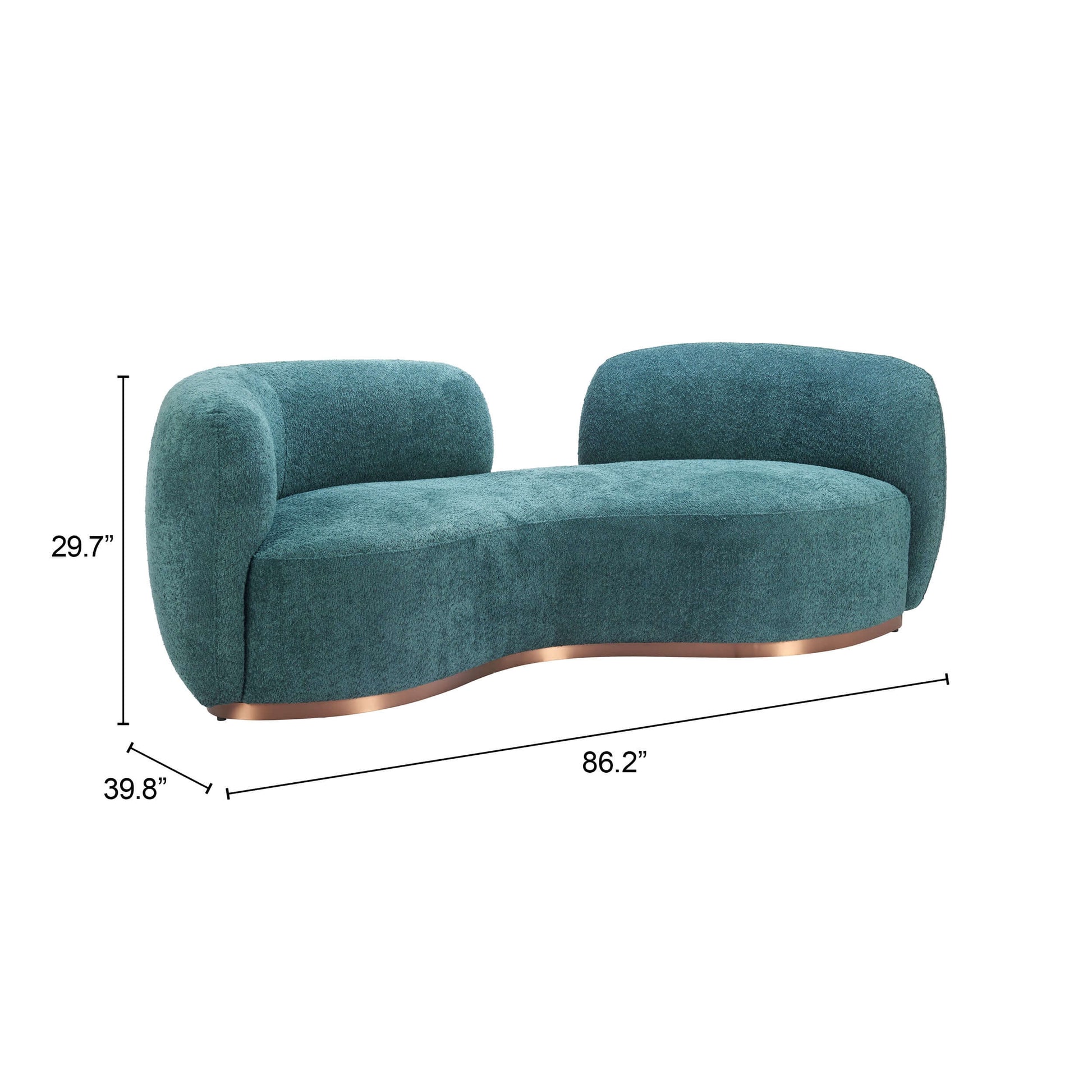 Jamela teal curved sofa, 86 inches, plush shearling-style fabric, modern design with brass base.