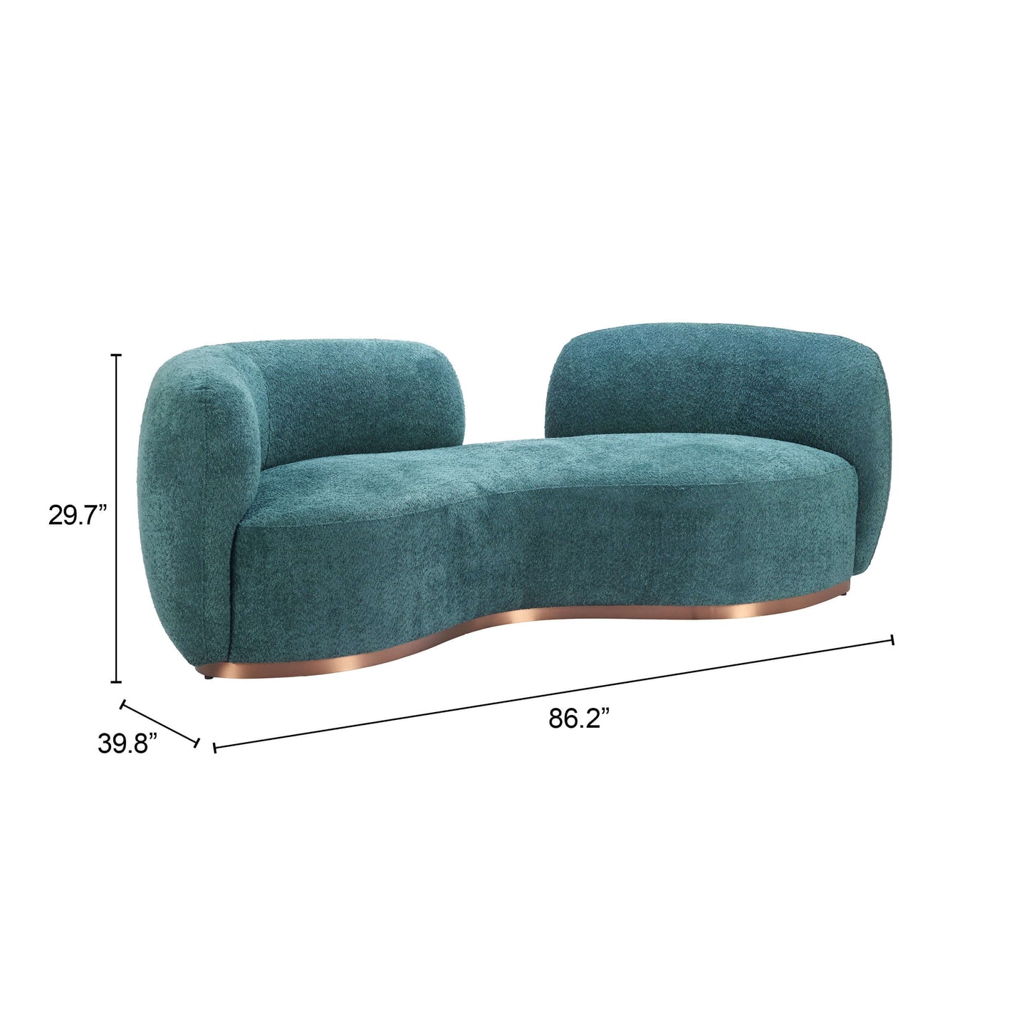 Jamela teal curved sofa, 86 inches, plush shearling-style fabric, modern design with brass base.