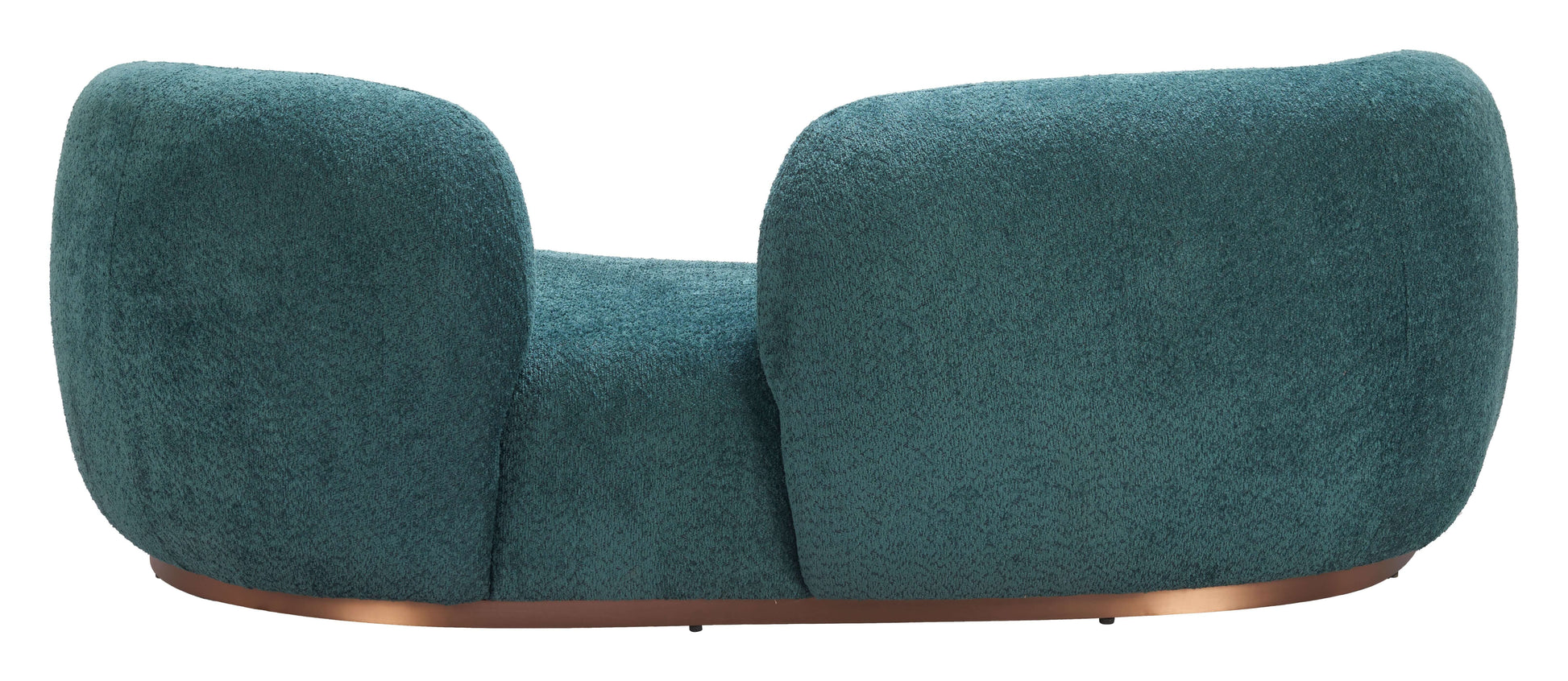 Jamela Teal Curved Sofa with plush shearling-style fabric and brass base, a modern design centerpiece for any living space.