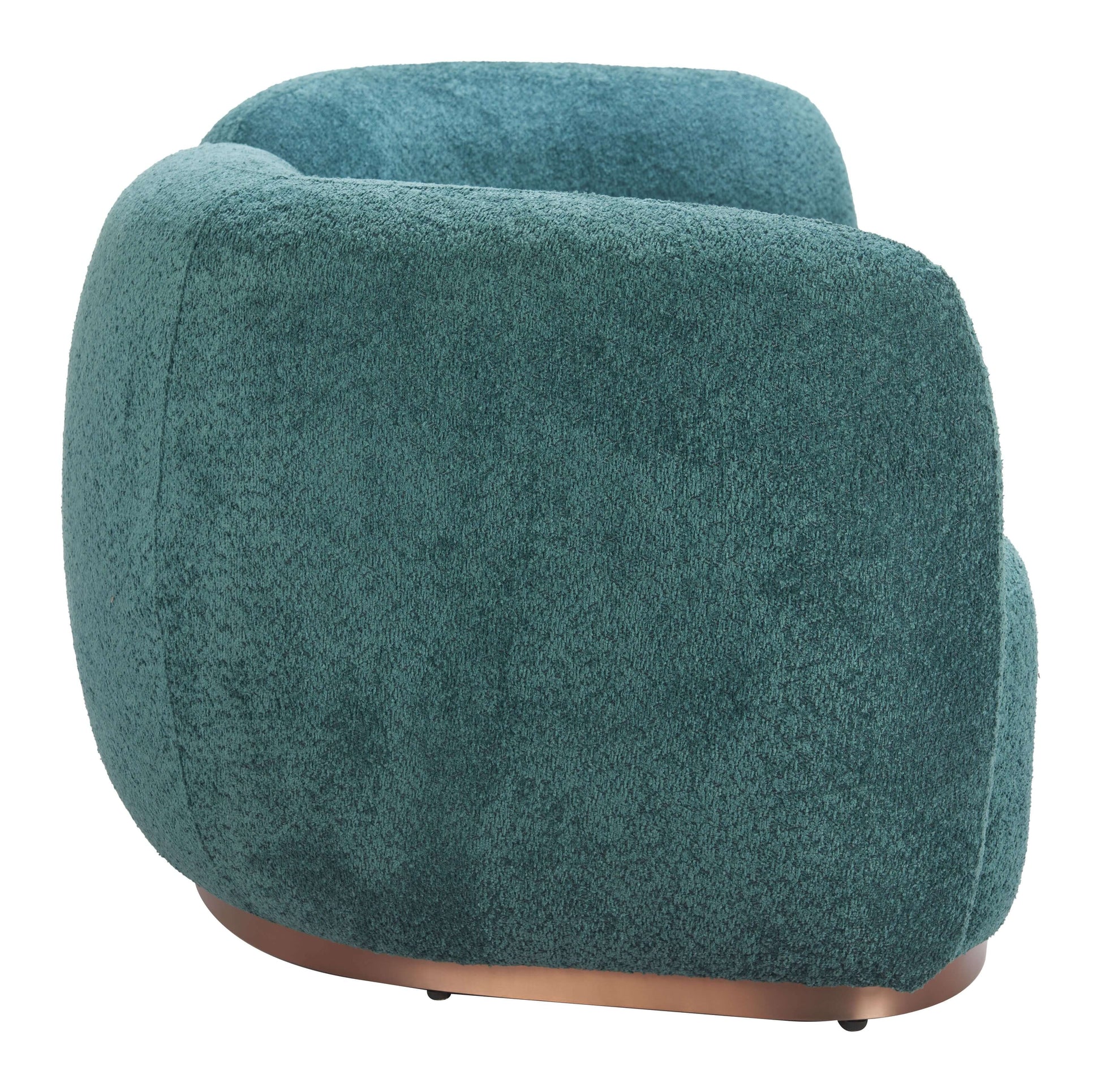 Curved sofa in soft teal shearling-style fabric with a sleek brass base, showcasing modern design and cozy comfort.