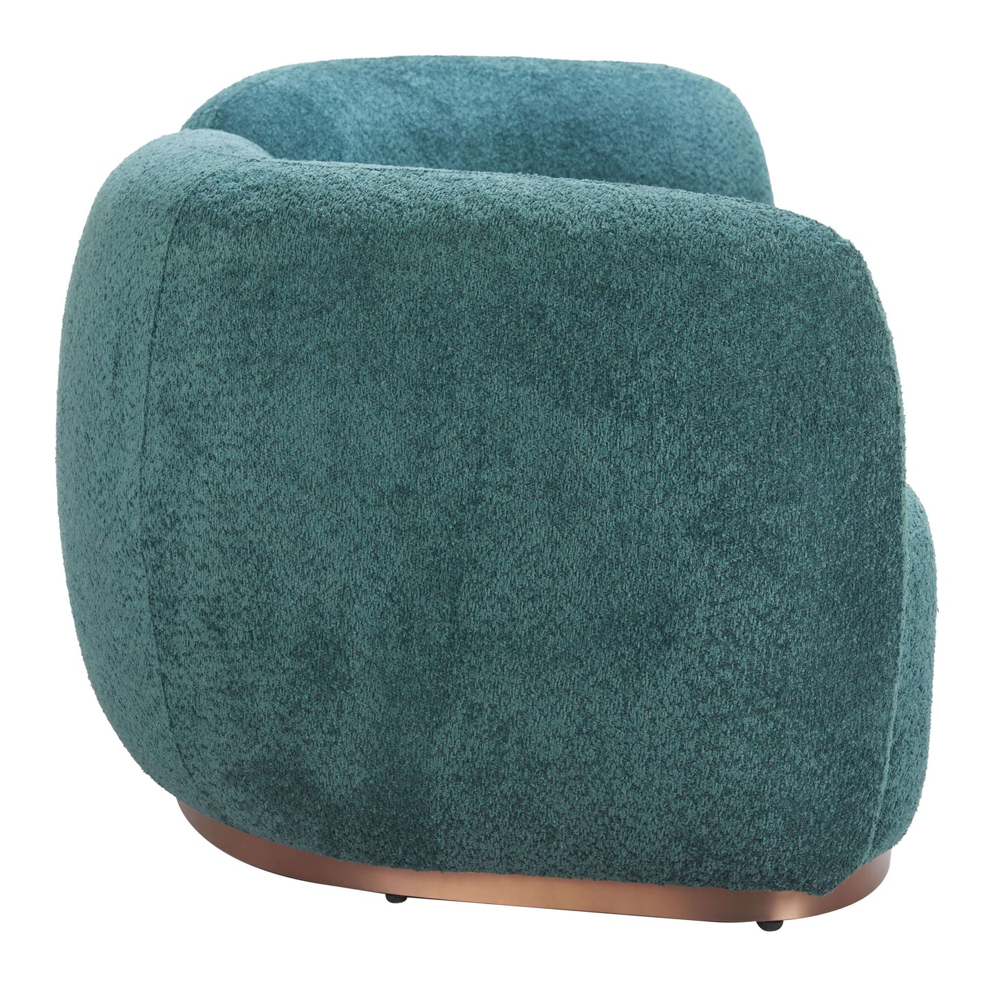 Curved sofa in soft teal shearling-style fabric with a sleek brass base, showcasing modern design and cozy comfort.