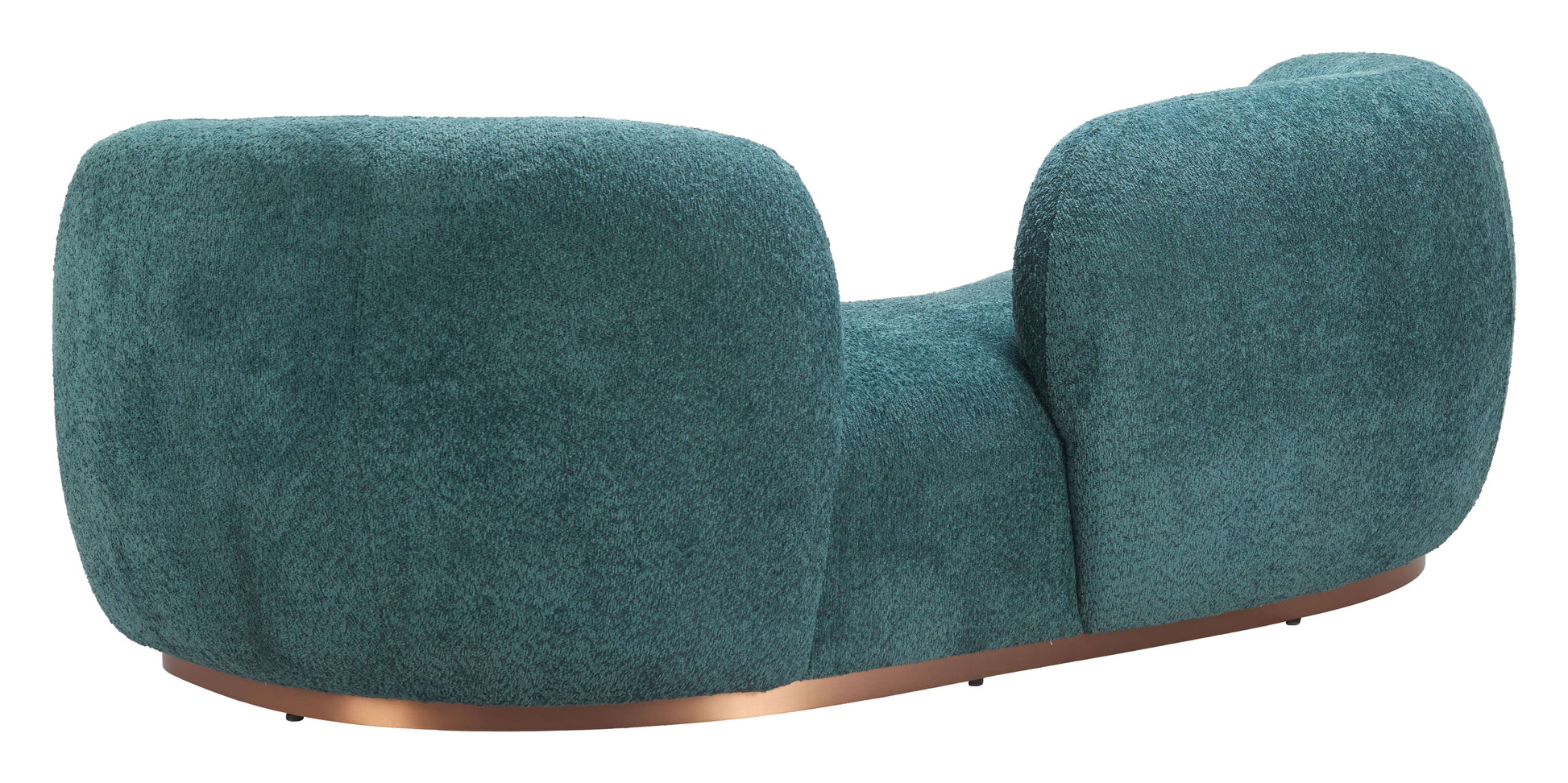 Jamela Teal curved sofa with shearling-style fabric and brass base, modern and stylish with soft texture.