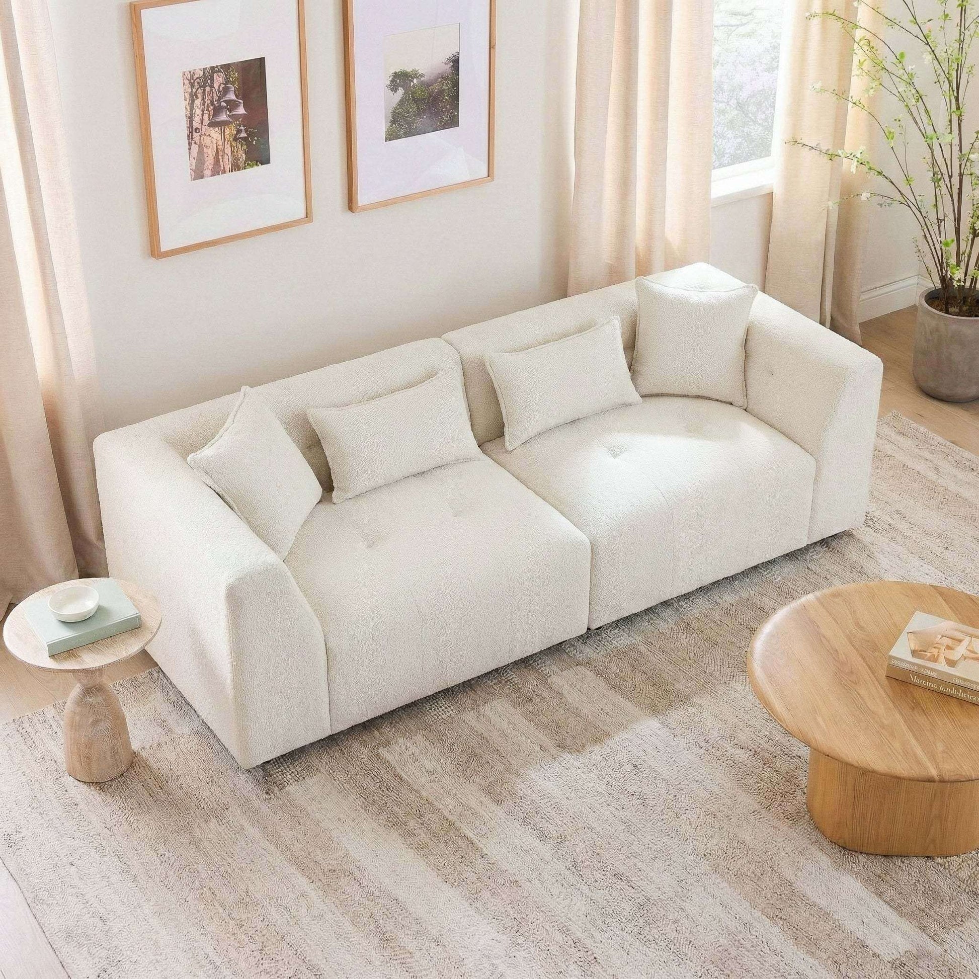 Jefferson 98" Modern Beige Chenille Sofa with Tuxedo Arms & Accent Pillows in a stylish living room setting.