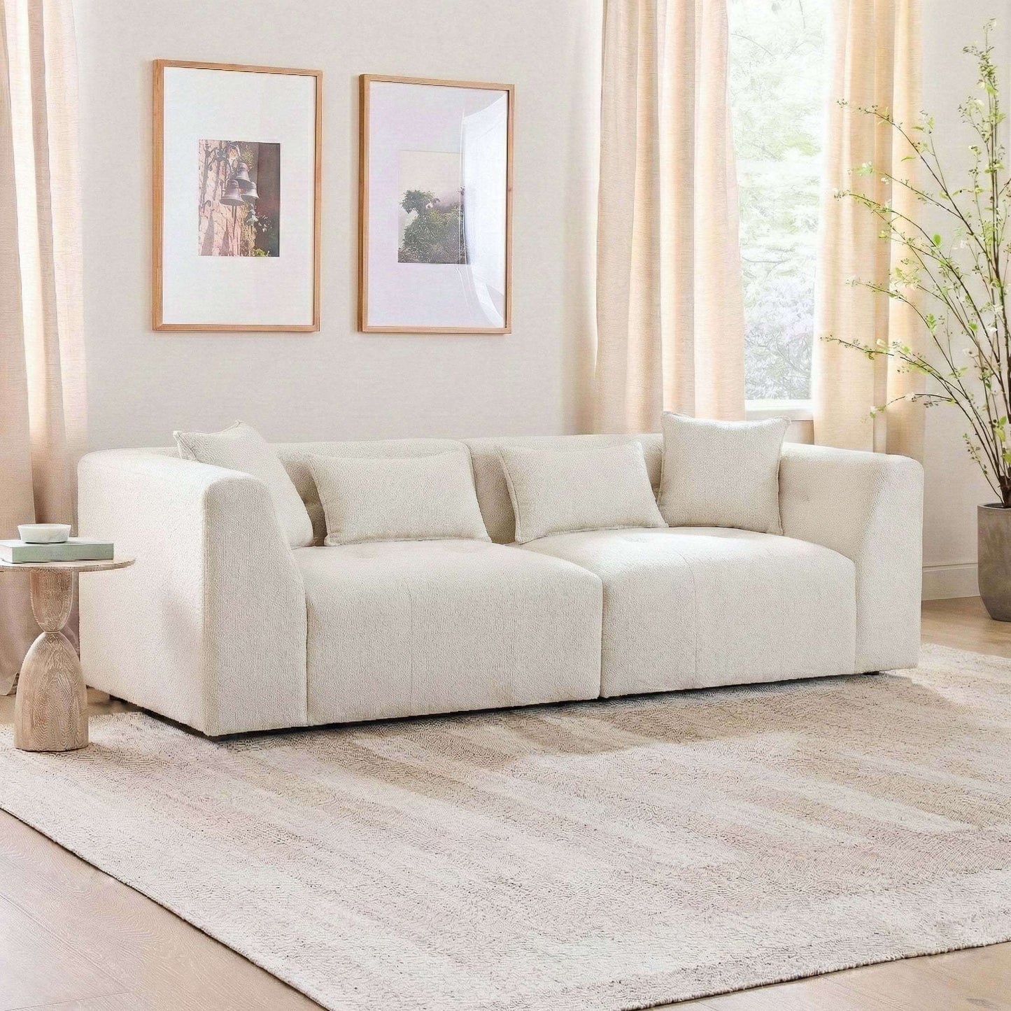 Jefferson 98" Modern Beige Chenille Sofa with Tuxedo Arms & Accent Pillows in a cozy living room setting.