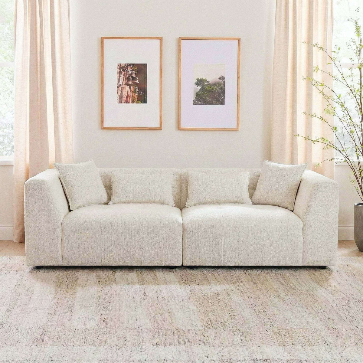 Jefferson 98" Modern Beige Chenille Sofa with Tuxedo Arms & Accent Pillows in stylish living room setting.