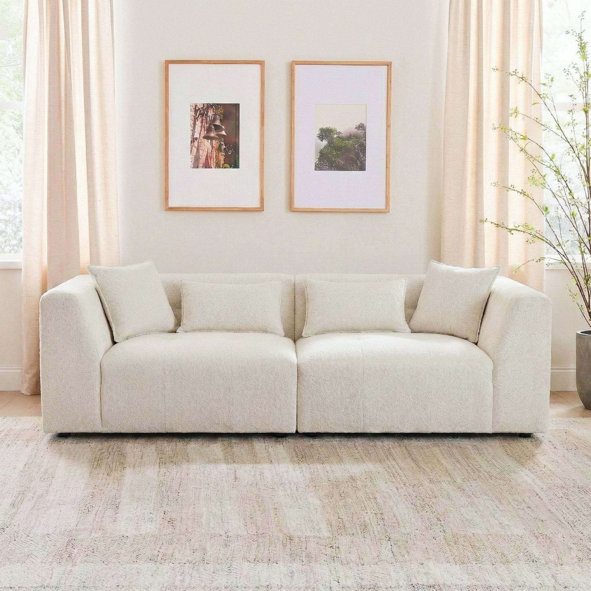 Jefferson 98" Modern Beige Chenille Sofa with Tuxedo Arms & Accent Pillows in stylish living room setting.