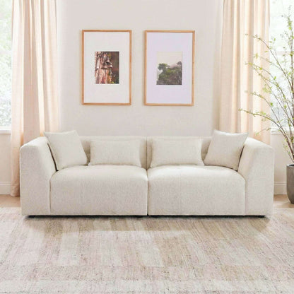 Jefferson 98" Modern Beige Chenille Sofa with Tuxedo Arms & Accent Pillows in stylish living room setting.
