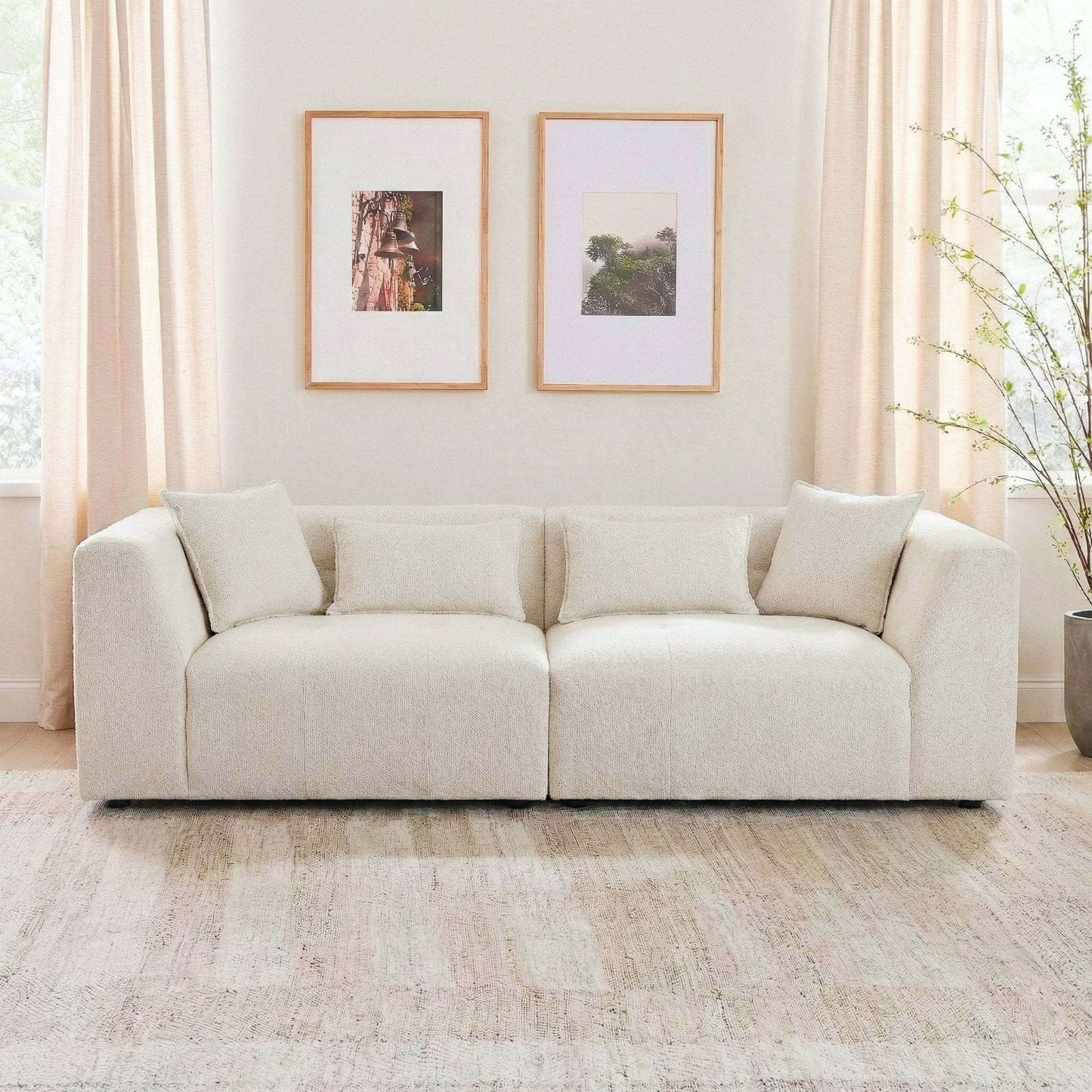 Jefferson 98" Modern Beige Chenille Sofa with Tuxedo Arms & Accent Pillows in stylish living room setting.
