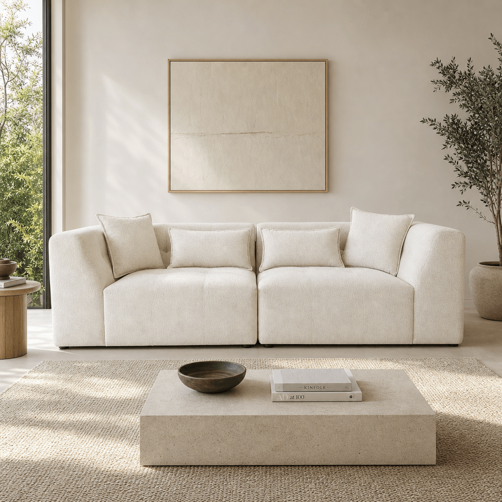 Jefferson 98" Modern Beige Chenille Sofa with Tuxedo Arms & Accent Pillows in a stylish living room setting.