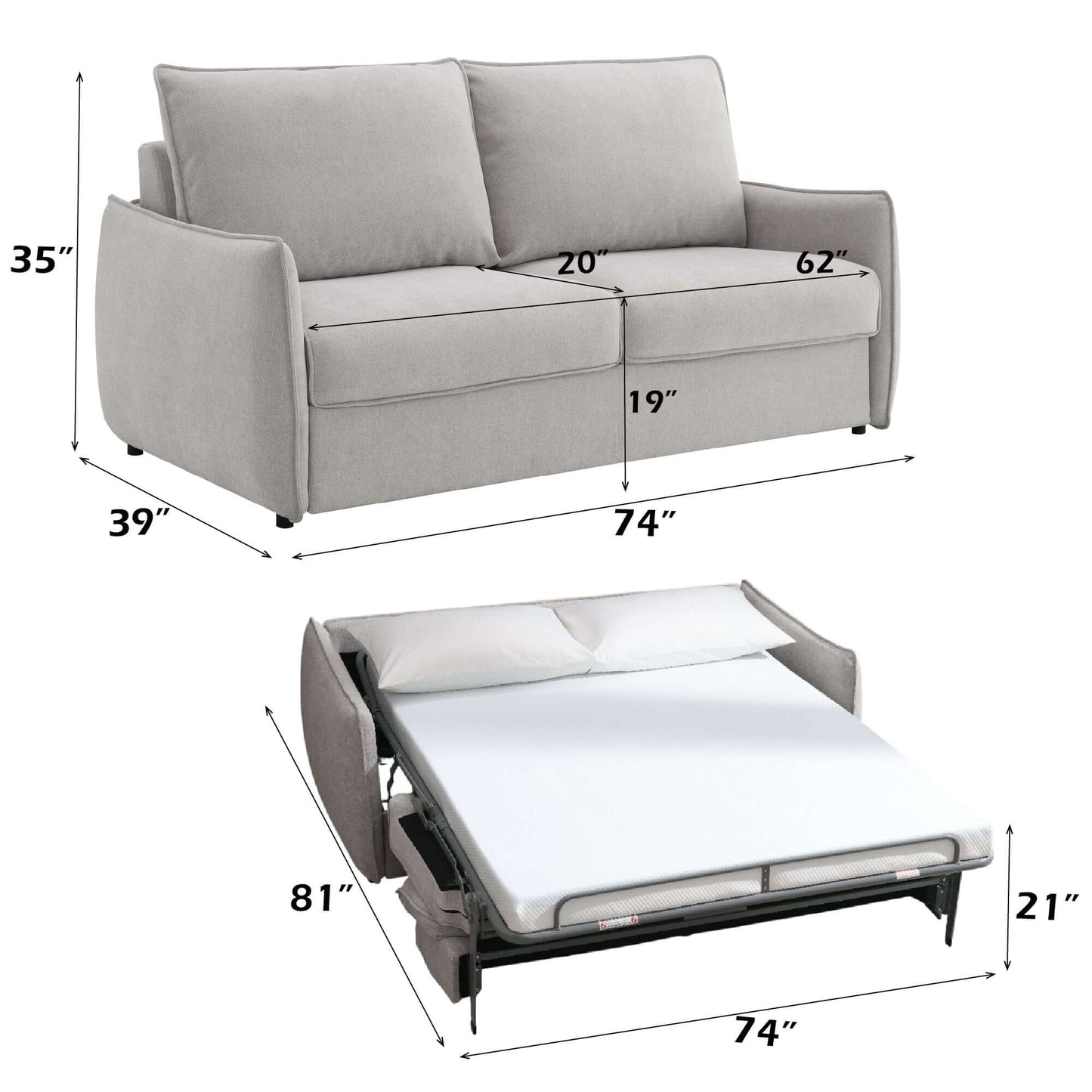 Jinn Beige Chenille Sleeper Sofa – 81” Convertible Sofa Bed with Memory Foam dimensions, showing sofa and bed configurations.