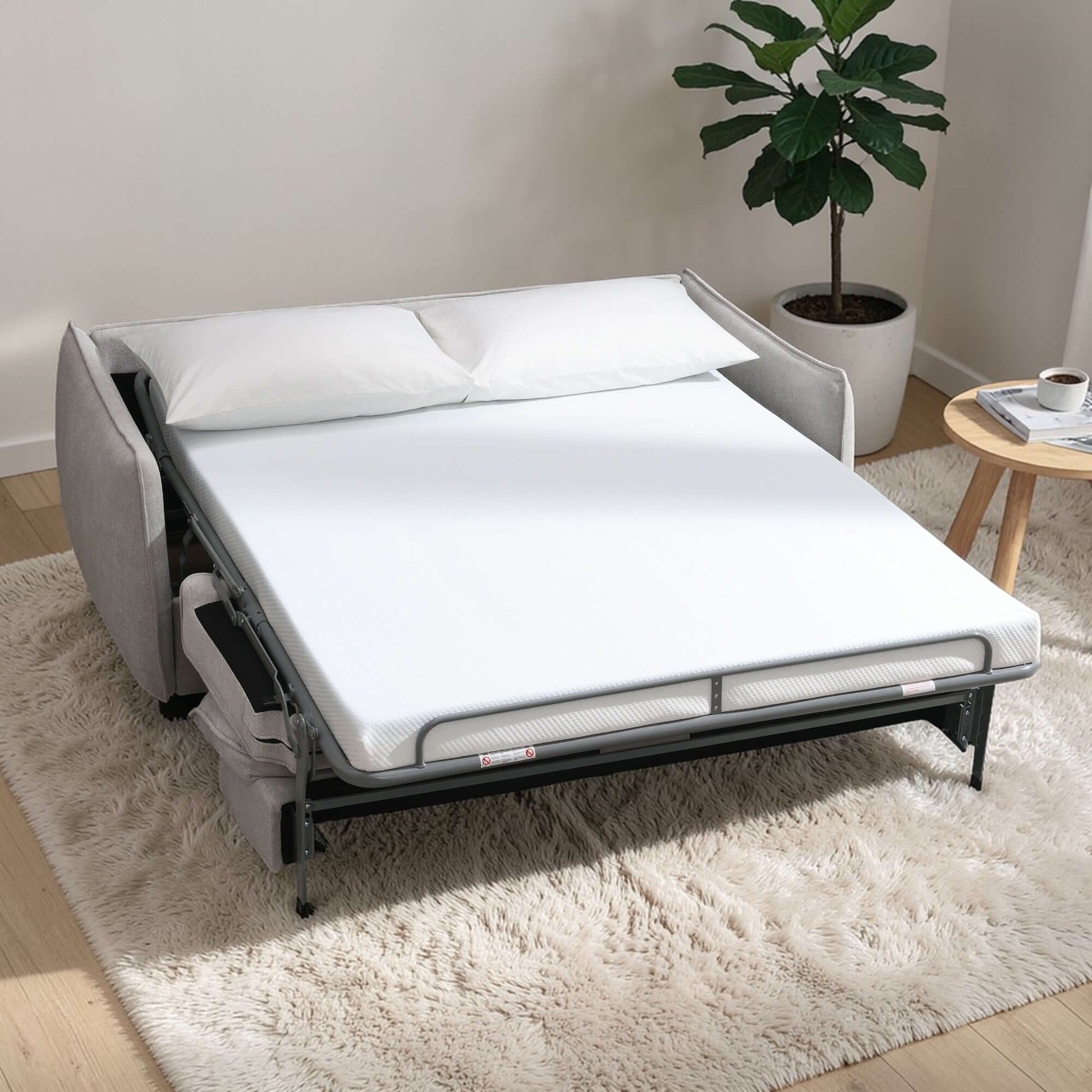 Jinn Beige Chenille Sleeper Sofa – 81” Convertible Sofa Bed with Memory Foam turned into a bed with white mattress.