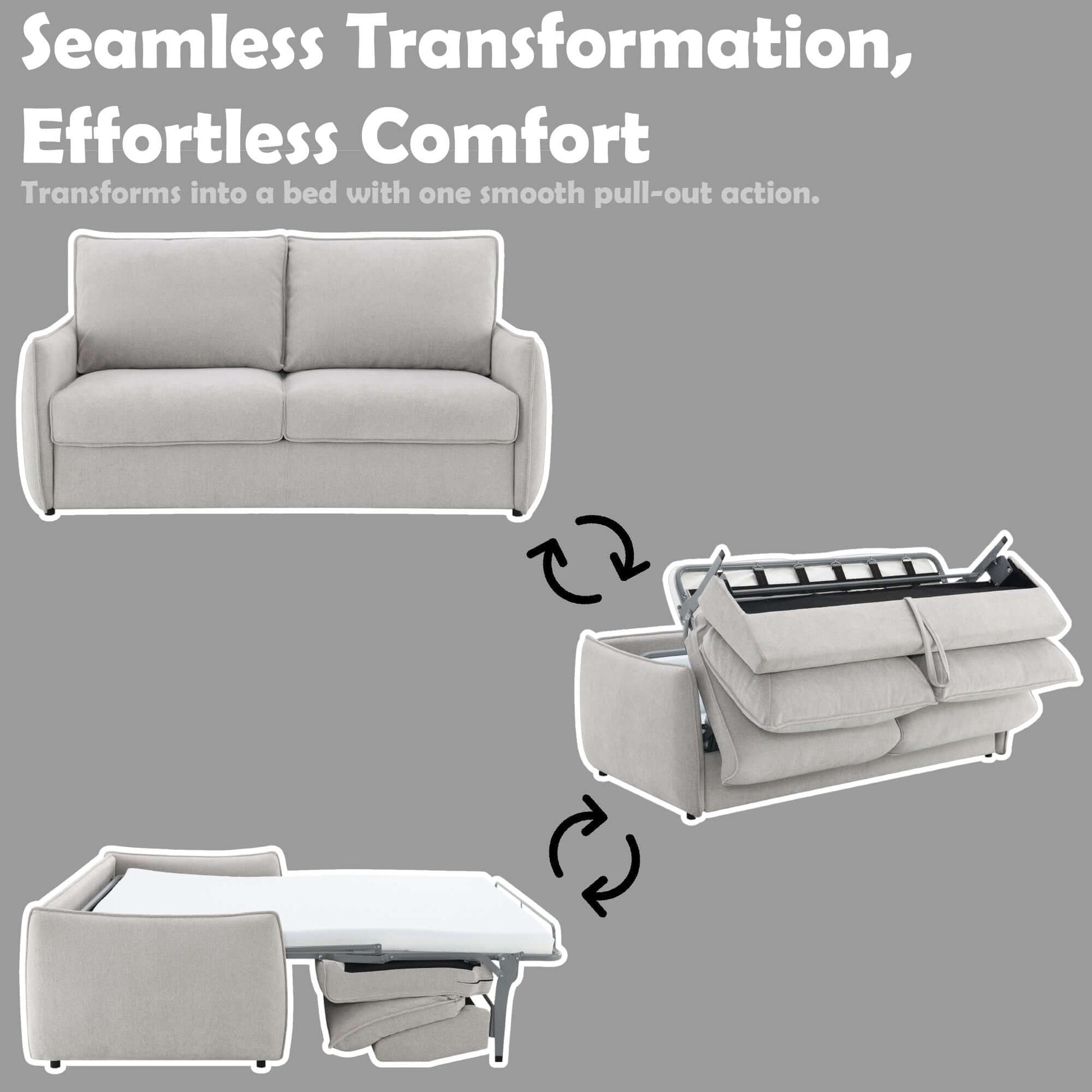 Jinn Beige Chenille Sleeper Sofa – 81” Convertible Sofa Bed with Memory Foam shown transforming into a bed.