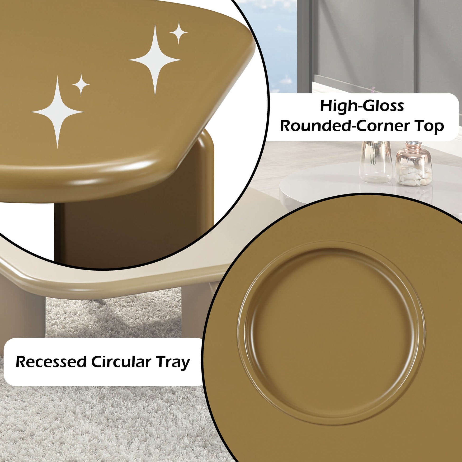 Joane Mustard High Gloss Coffee Table 35"W high-gloss rounded-corner top and recessed circular tray