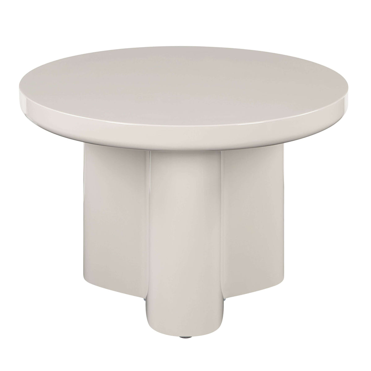 Joane Light Gray High Gloss End Table 24"W featuring a round design and sleek finish for modern interiors.