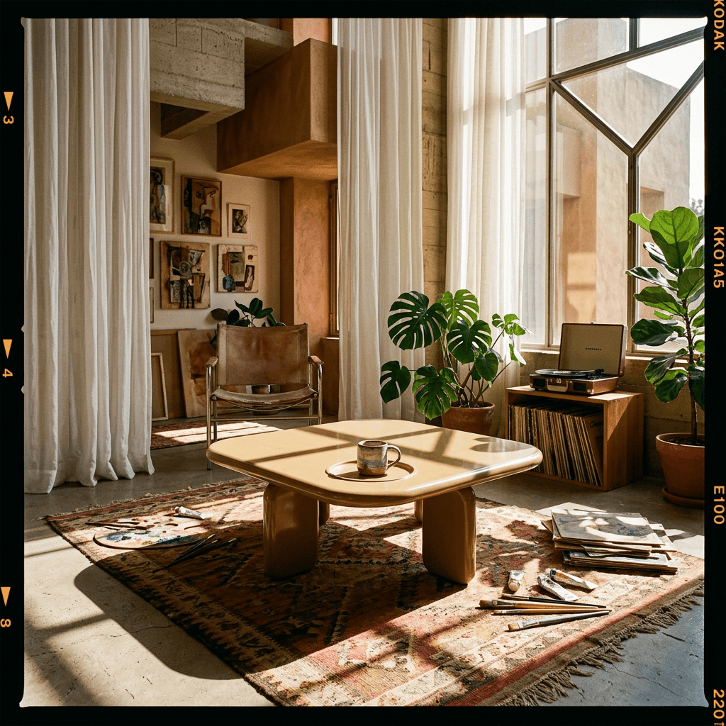 Joane Mustard High Gloss Coffee Table 35" in a stylish living room with plants and sunlight.
