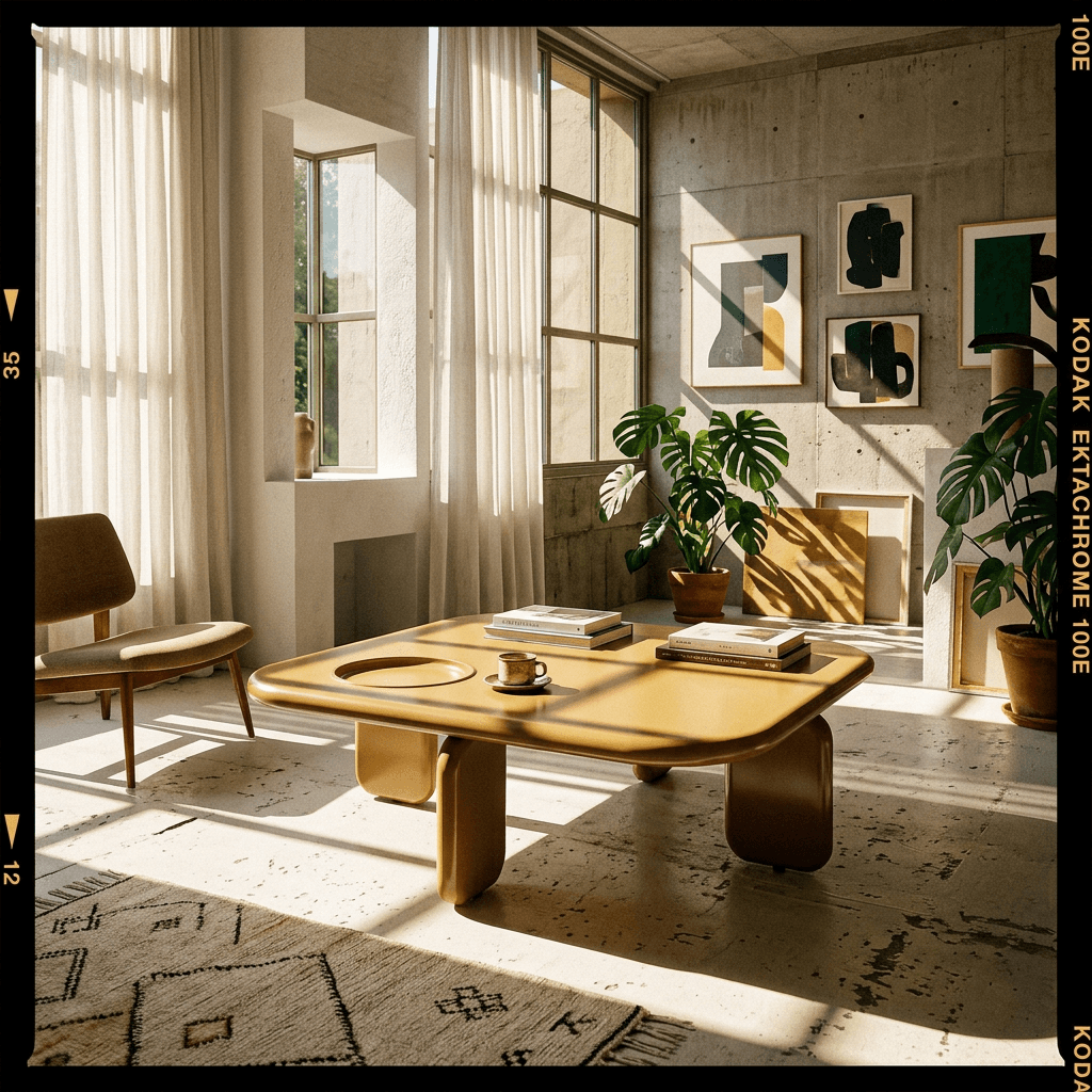 Joane Mustard High Gloss Coffee Table 35"W in a stylish living room with modern decor and natural light.