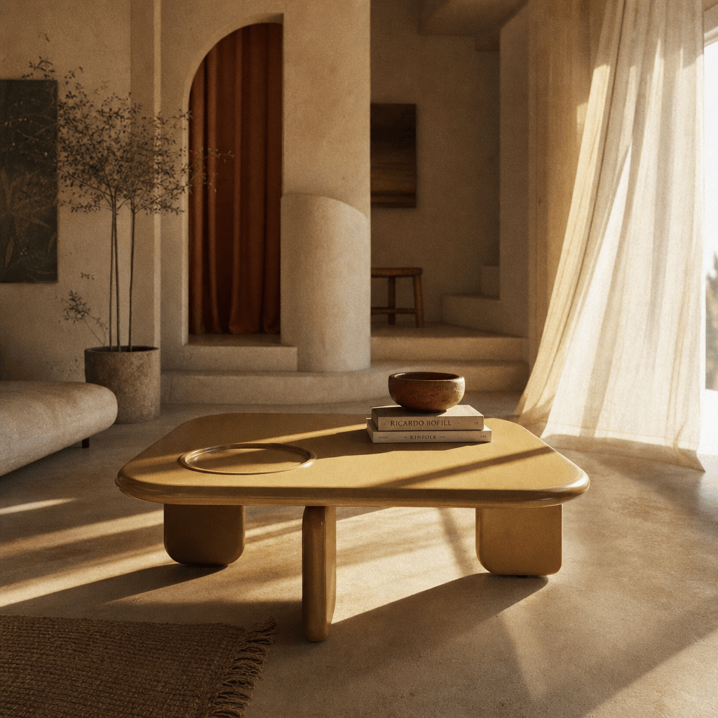 Joane Mustard High Gloss Coffee Table 35"W in a stylish living room setting with warm tones.