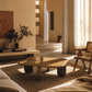 Joane Mustard High Gloss Coffee Table 35"W in a stylish living room setting with natural lighting.