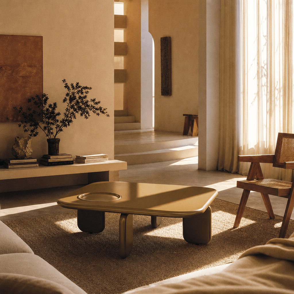 Joane Mustard High Gloss Coffee Table 35"W in a stylish living room setting with natural lighting.