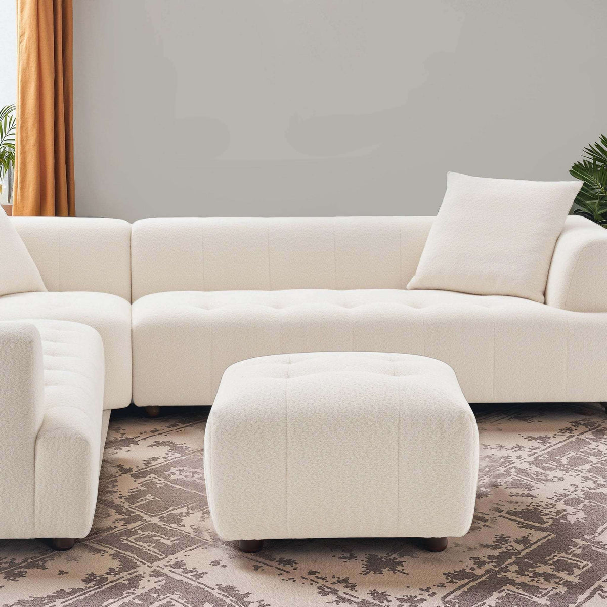 Kaynes Tufted Boucle Ottoman – 32" Ivory Modern Ottoman Bench (Scandinavian Style) paired with a plush ivory sectional.