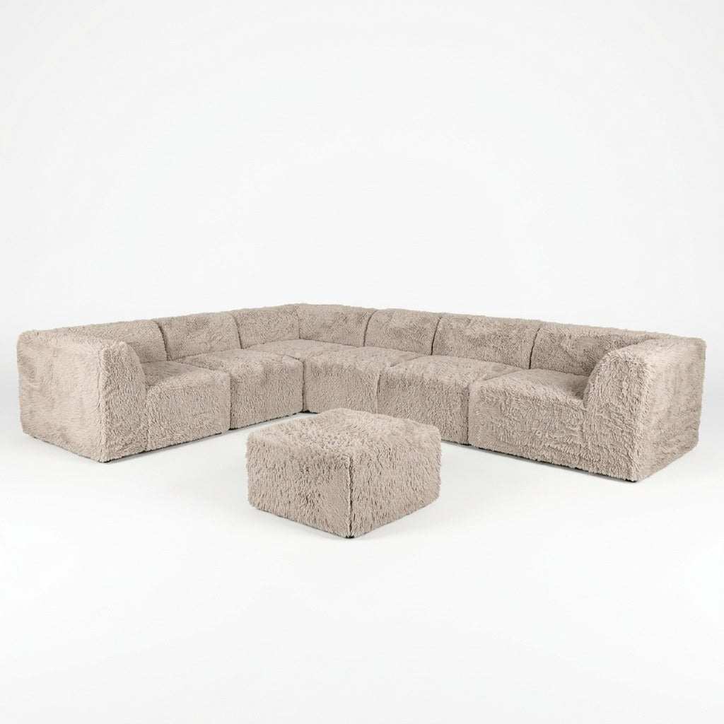 Keira Faux Fur L-Shaped Modular Sectional – 134" 7-Piece Taupe Sofa with Ottoman