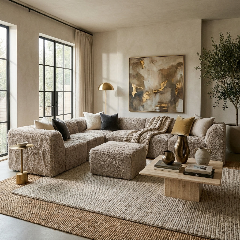 Keira Faux Fur L-Shaped Modular Sectional – 134" 7-Piece Taupe Sofa with Ottoman – view 2