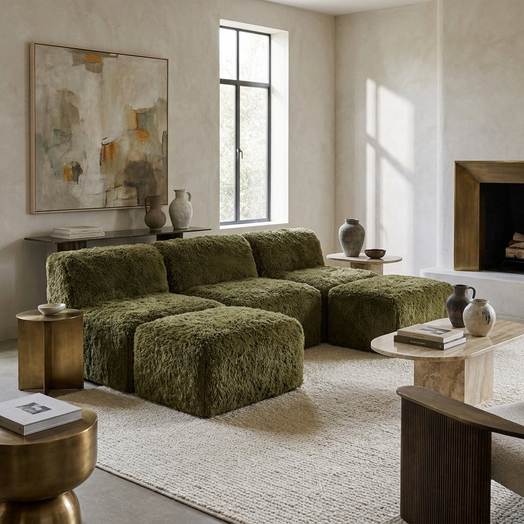 Kellan Faux Fur Modular Sofa – 81" Olive Green Sectional, 3 Chairs + 2 Ottomans – view 2