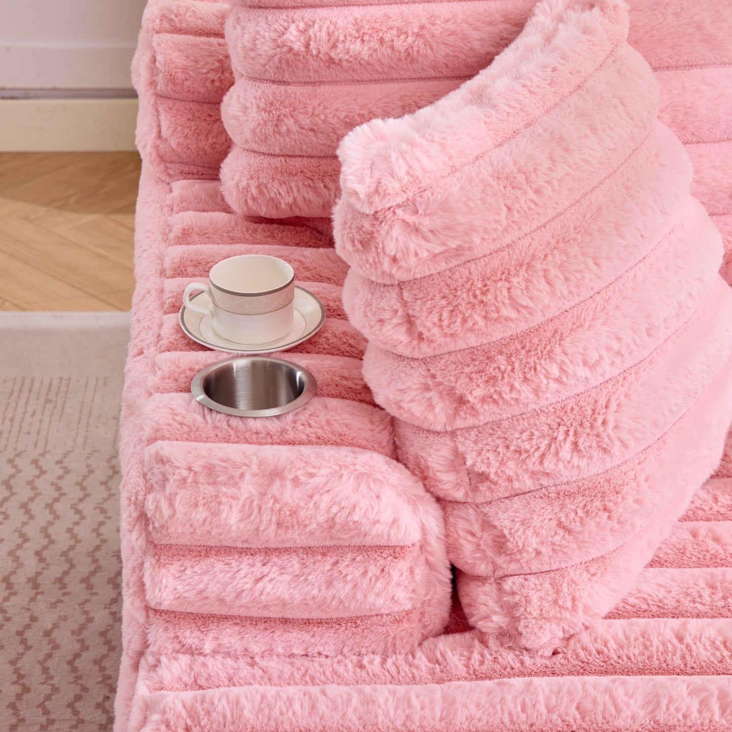Kellan Faux Fur Oversized Chaise Lounge – 60" Pink Corduroy Lounge Chair with Cup Holders – view 10