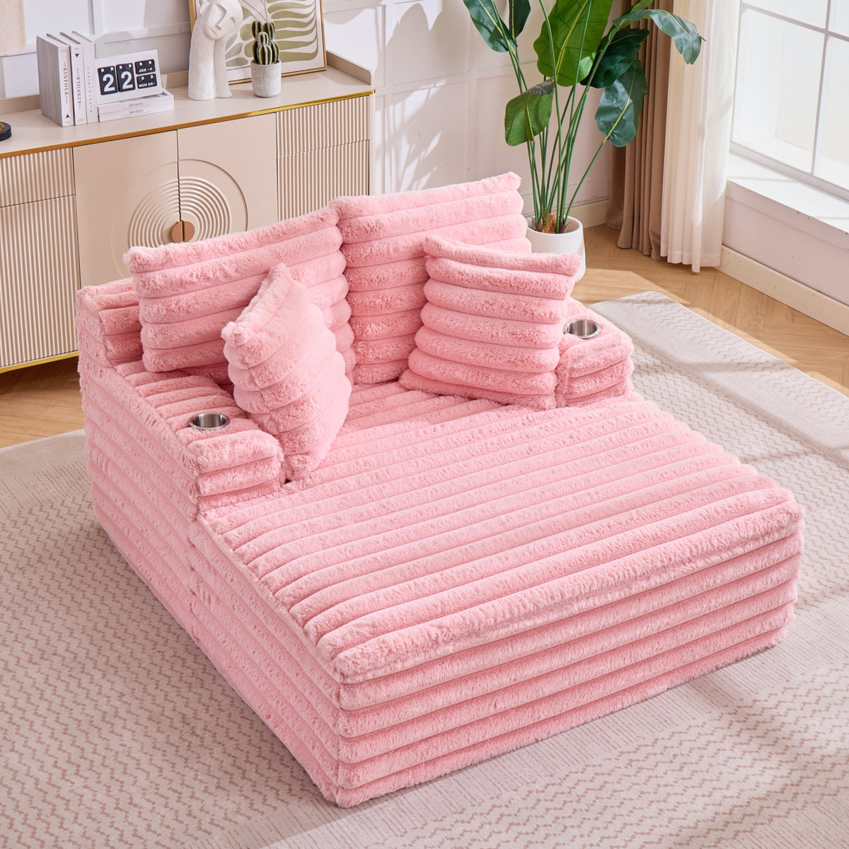 Kellan Faux Fur Oversized Chaise Lounge – 60" Pink Corduroy Lounge Chair with Cup Holders – view 2