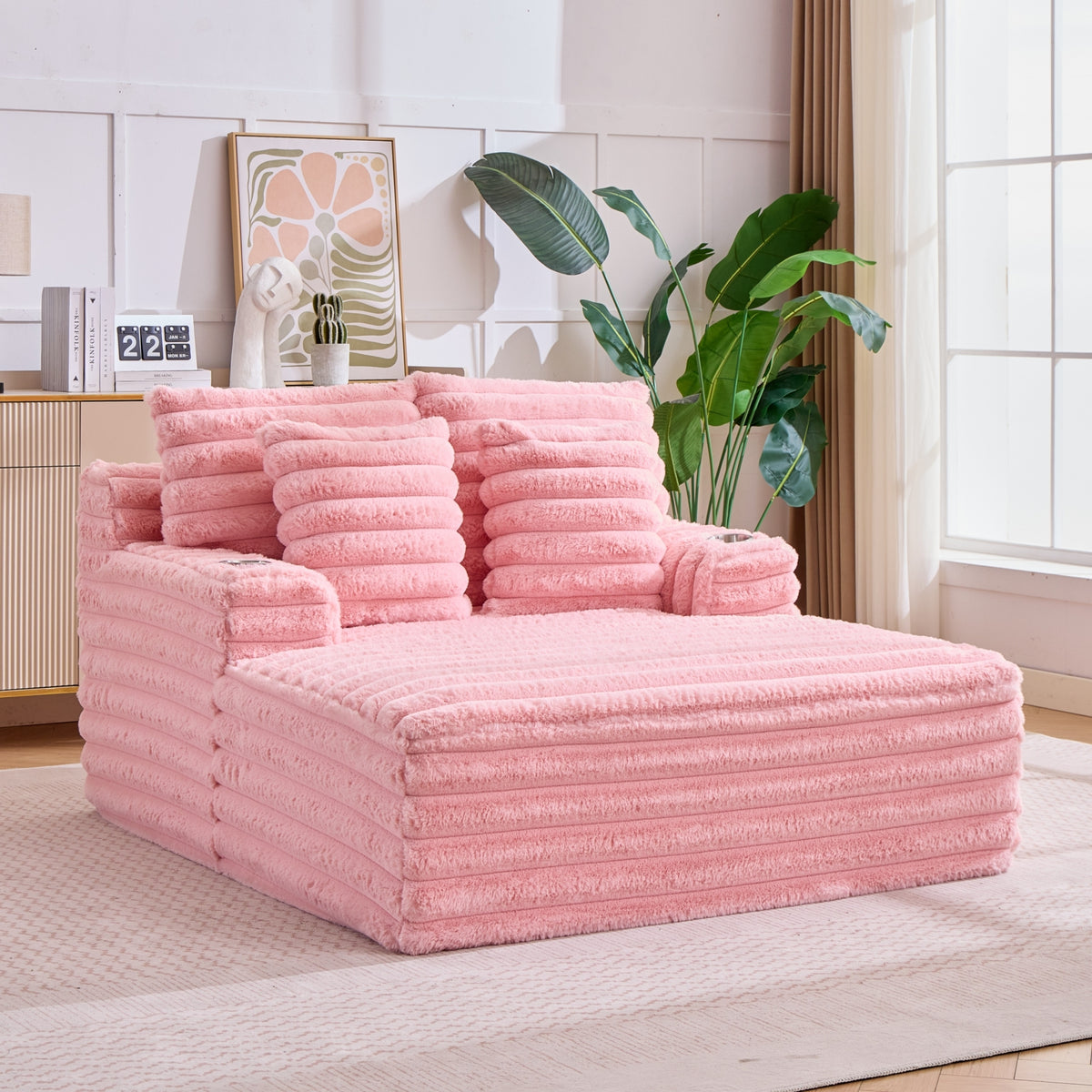 Kellan Faux Fur Oversized Chaise Lounge – 60" Pink Corduroy Lounge Chair with Cup Holders – view 5