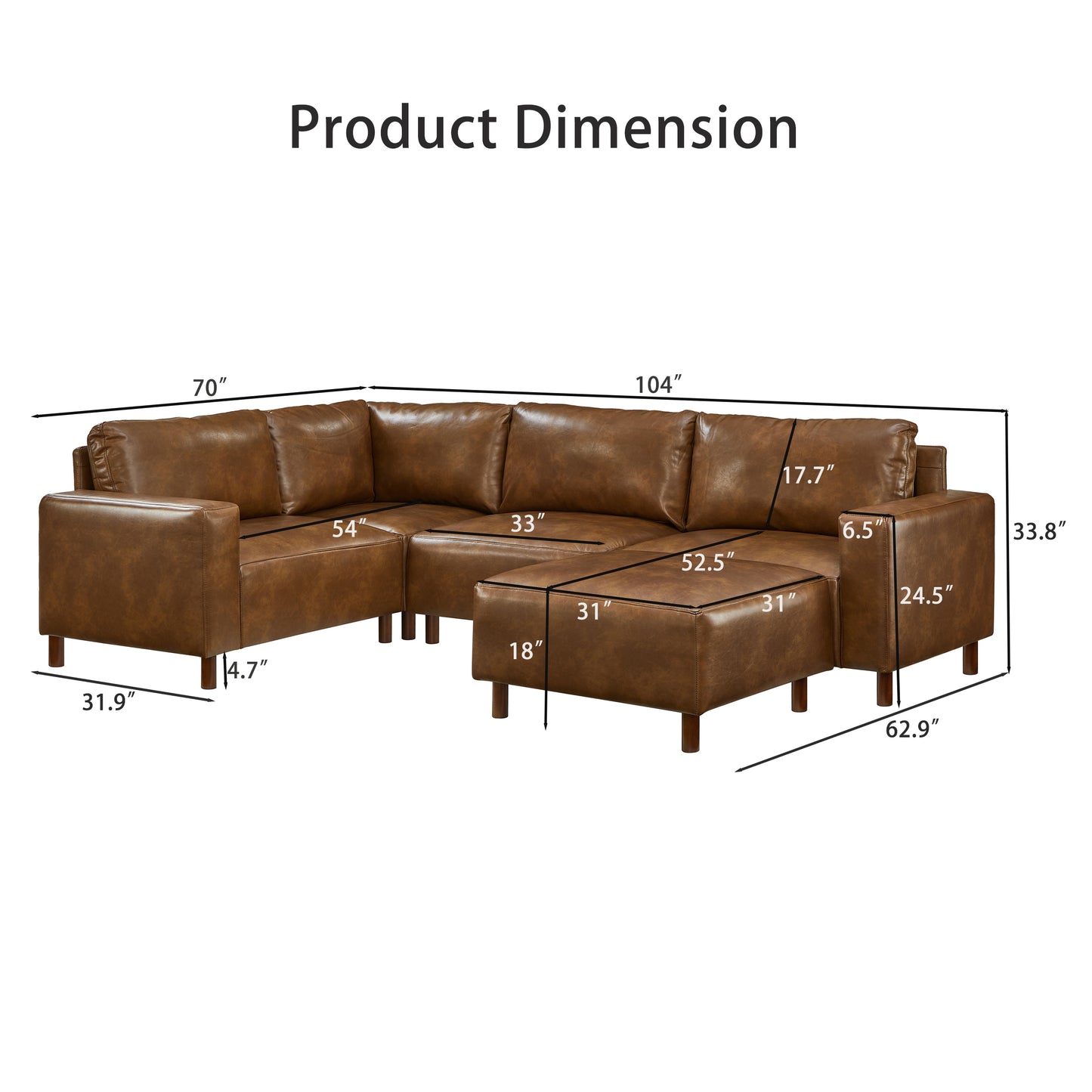 Kendrick 5-Piece Modular Sectional Sofa with Ottoman – Brown PU Leather – view 6