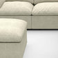 Khaki Linen Blend Modular L Shaped Six Piece Sofa and Chaise Sectional close-up of cushions and ottoman