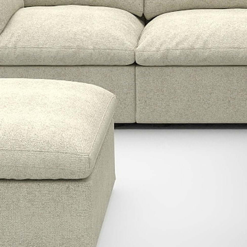 Khaki Linen Blend Modular L Shaped Six Piece Sofa and Chaise Sectional close-up of cushions and ottoman