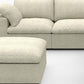 Khaki Linen Blend Modular L Shaped Six Piece Sofa and Chaise Sectional with plush cushions and matching ottoman.