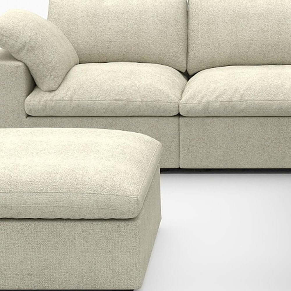 Khaki Linen Blend Modular L Shaped Six Piece Sofa and Chaise Sectional with plush cushions and matching ottoman.