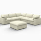 Khaki Linen Blend Modular L Shaped Six Piece Sofa and Chaise Sectional with soft cushions and ottoman.