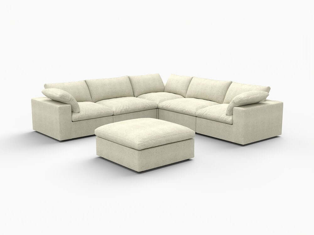 Khaki Linen Blend Modular L Shaped Six Piece Sofa and Chaise Sectional with soft cushions and ottoman.