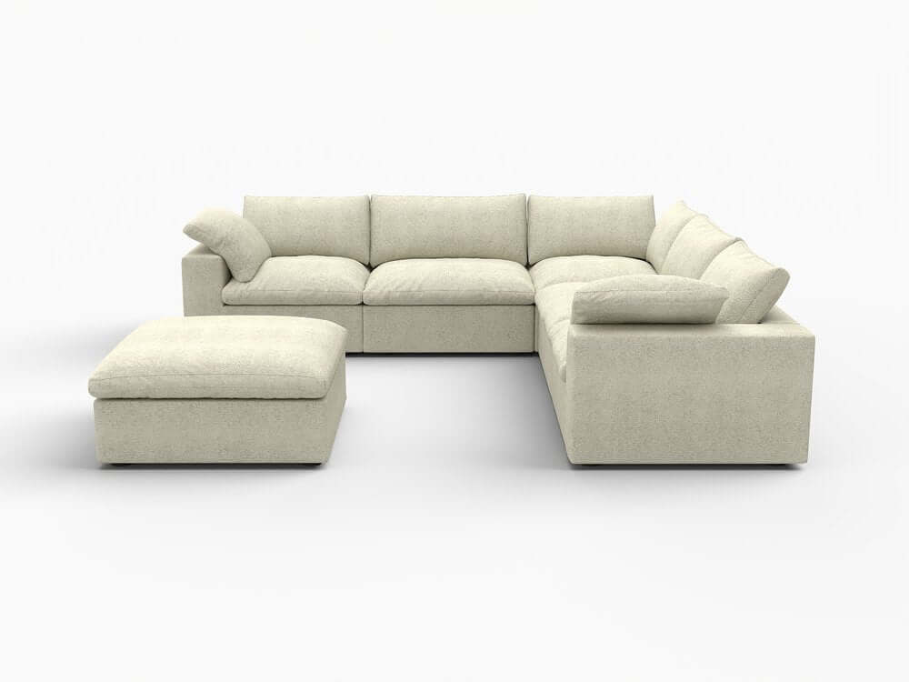 Khaki Linen Blend Modular L Shaped Six Piece Sofa and Chaise Sectional in a stylish modern setting.