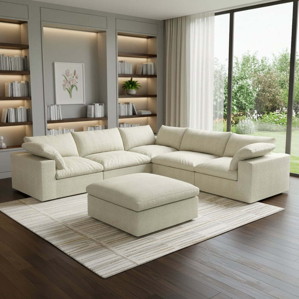 Khaki Linen Blend Modular L Shaped Six Piece Sofa and Chaise Sectional in a modern living room setting.