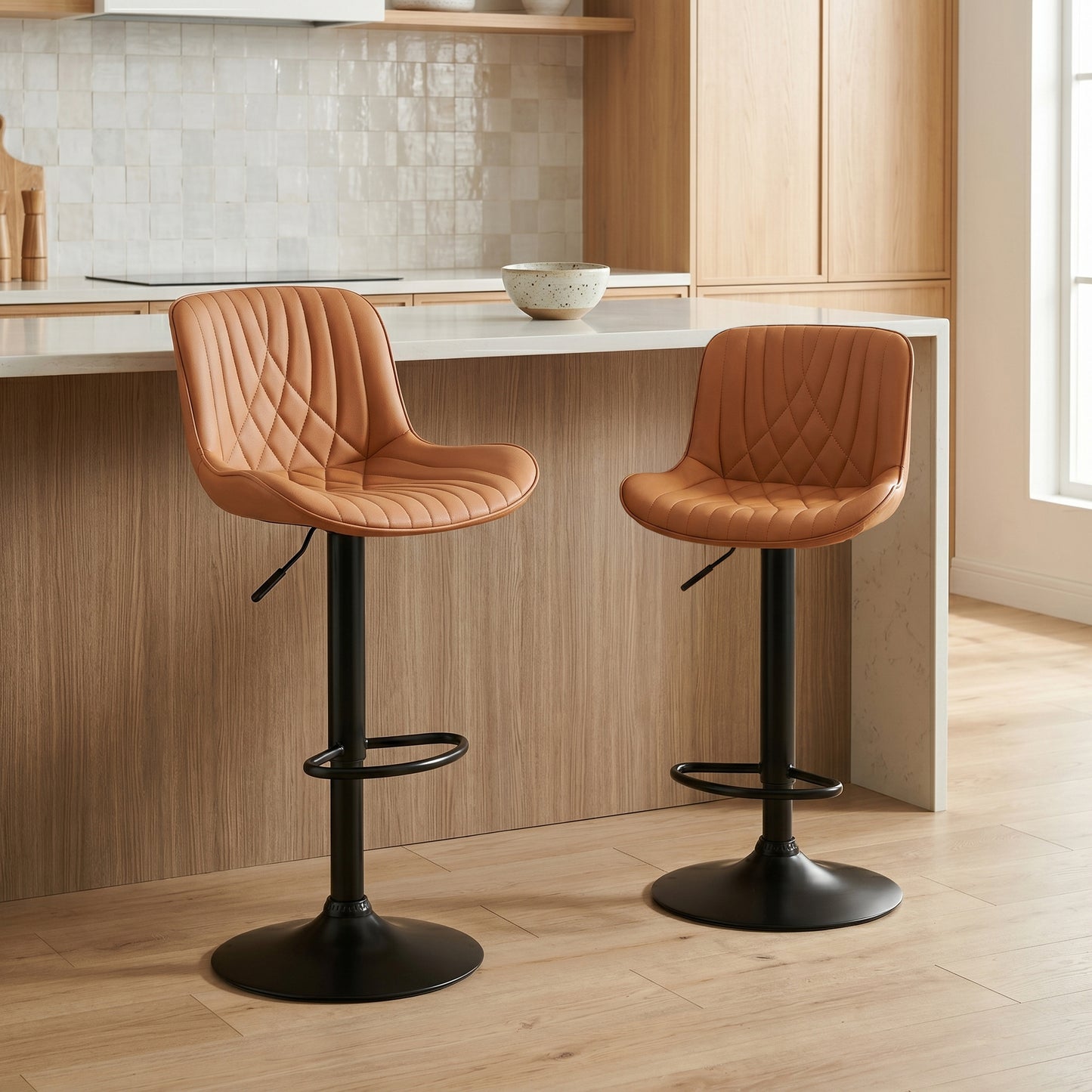 Kovyn Contemporary Adjustable Barstool – Set of 2, Camel Faux Leather – view 2