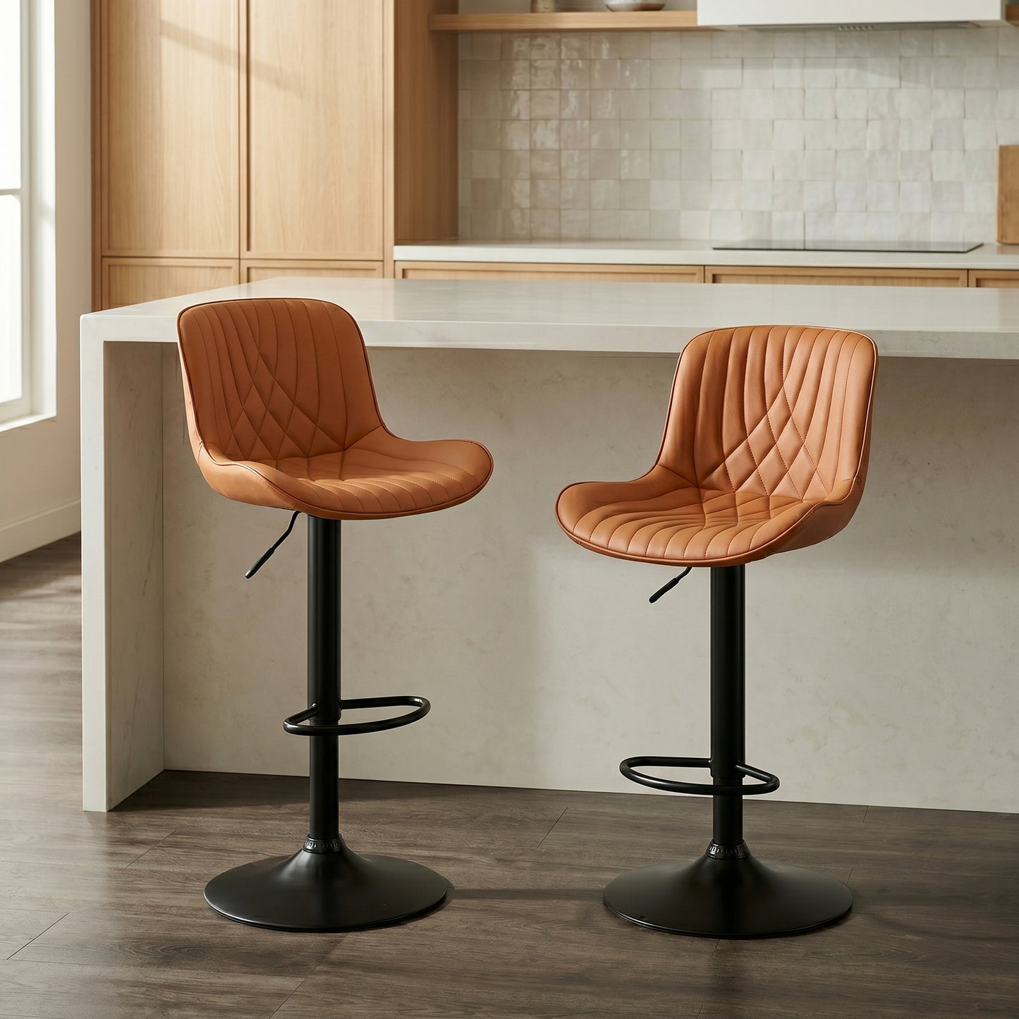 Kovyn Contemporary Adjustable Barstool – Set of 2, Camel Faux Leather – view 3