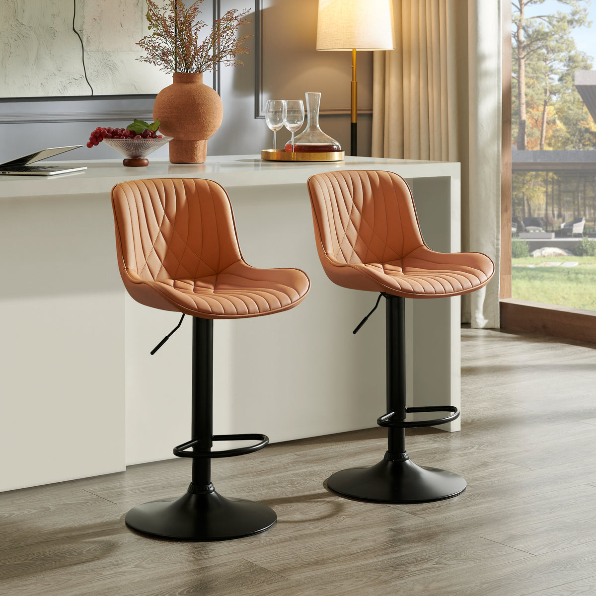 Kovyn Contemporary Adjustable Barstool – Set of 2, Camel Faux Leather – view 4