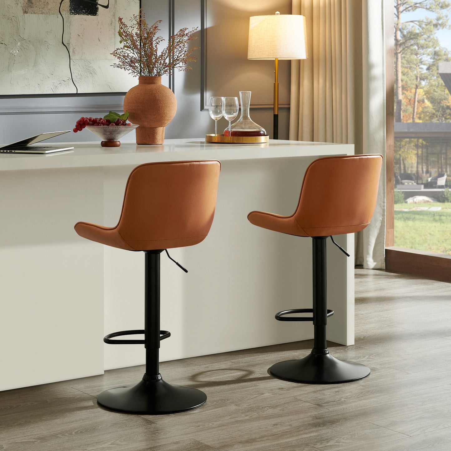 Kovyn Contemporary Adjustable Barstool – Set of 2, Camel Faux Leather – view 5