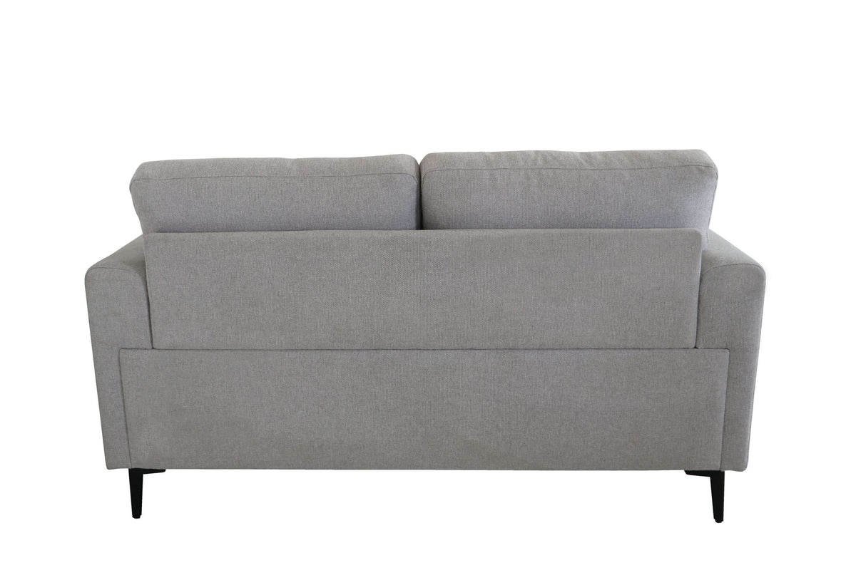 Back view of Kyrene Light Gray Linen Loveseat 61" showing its sleek design and modern legs.