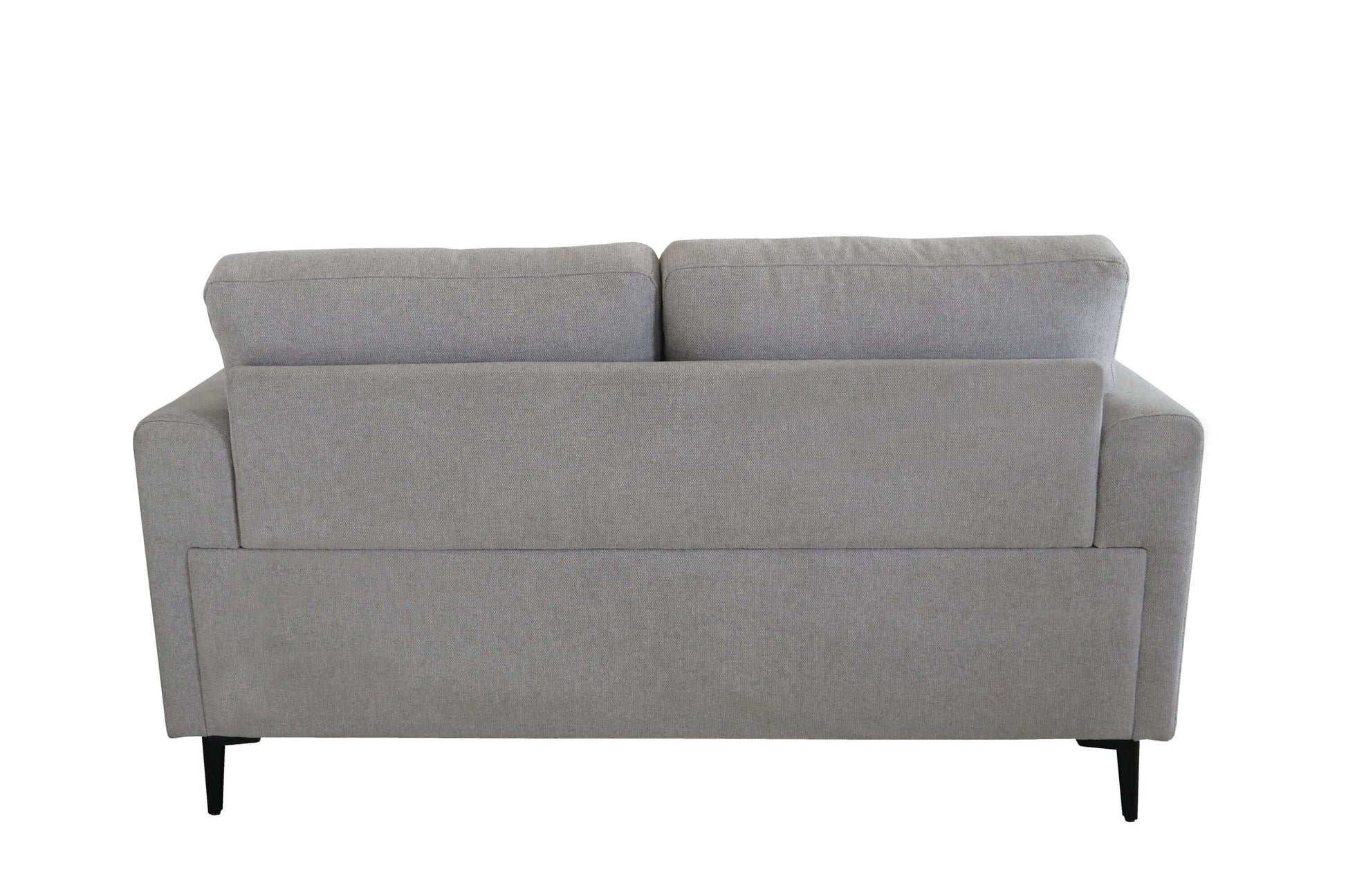 Back view of Kyrene Light Gray Linen Loveseat 61" showing its sleek design and modern legs.