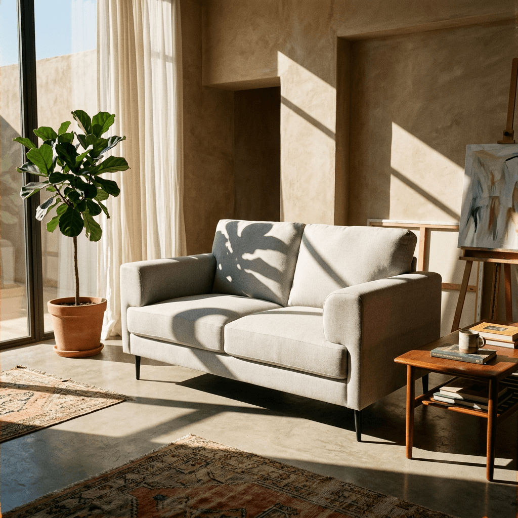 Kyrene Light Gray Linen Loveseat 61" in a stylish living room setting with natural light.